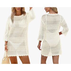 White Ivory Crochet Knit Stretchy 3/4 Sleeve Beach Dress Cover Up